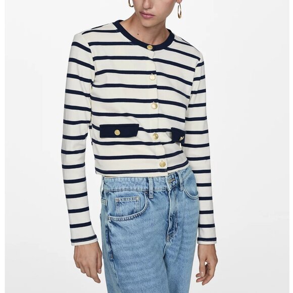 MANGO Women's Buttons Detail Striped Cardigan White & Navy‎ Stripe Size L NWOT - Picture 1 of 6